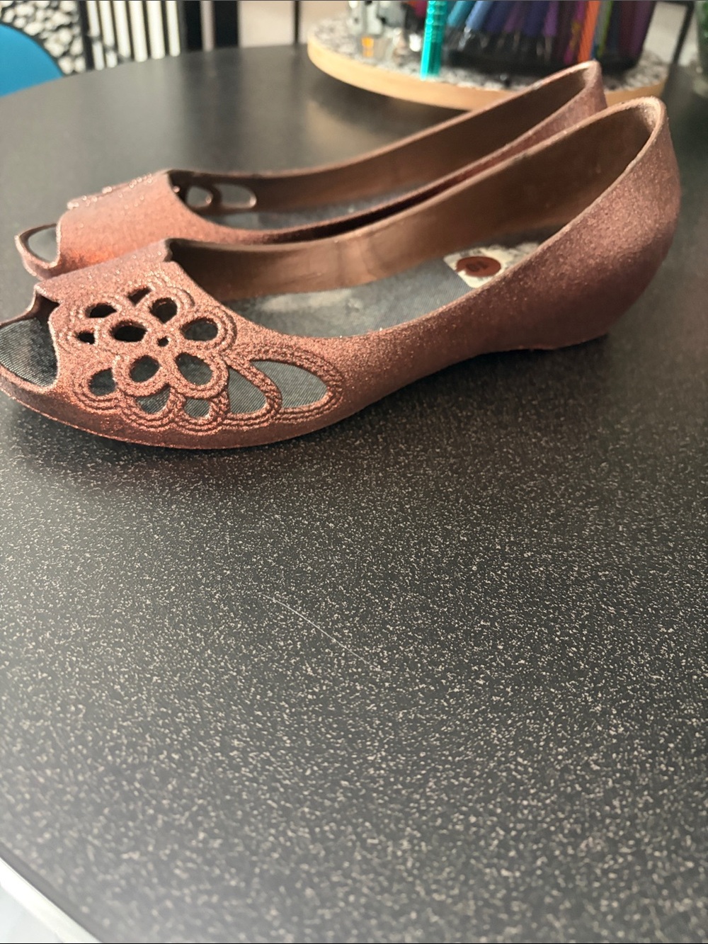 Glitter Floral Peep-Toe Flats - Rose Bronze - Picture 2 of 7